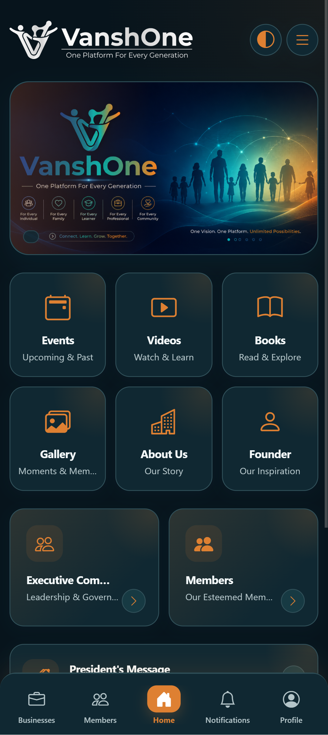 VanshOne mobile app home screen in dark mode