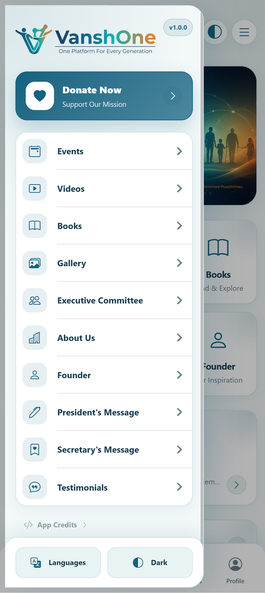 VanshOne navigation menu in light mode